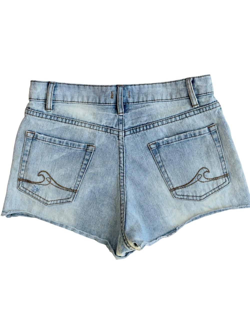 Roxy Cut Off Raw Hem Blue Denim Wave Logo Jean Shorts. 25.